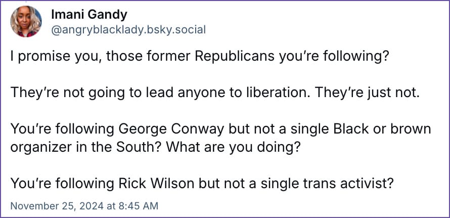 I promise you, those former Republicans you’re following? They’re not going to lead anyone to liberation. They’re just not.   You’re following George Conway but not a single Black or brown organizer in the South? What are you doing? You’re following Rick Wilson but not a single trans activist?