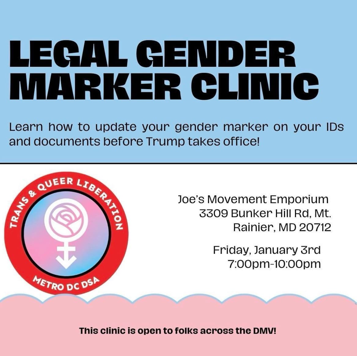 Learn how to update your gender marker on your IDs and docs! Joe's Movement Emp., 3309 Bunker Hill Rd, Mt Rainier MD