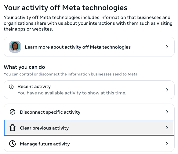 Meta Accounts Center: screenshot of Your activity off Meta technologies, with another option highlighted