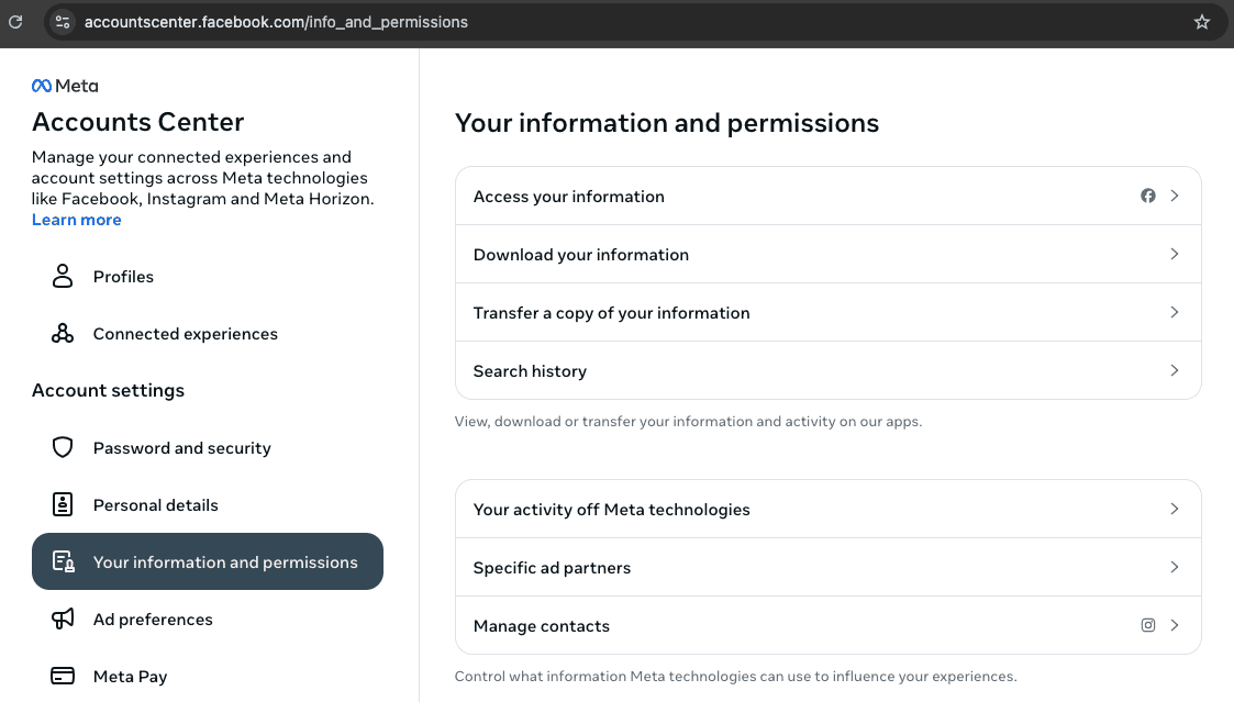 Meta Accounts Center: screenshot of Your information and permissions