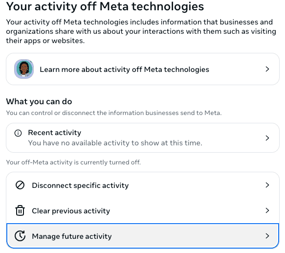 Meta Accounts Center: screenshot of Your activity off Meta technologies, with one option highlighted