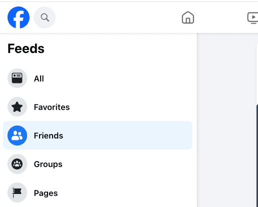 Facebook menu, inside "feeds." The "friends" option is highlighted.