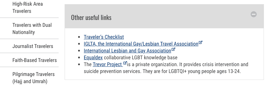 Other useful links: The Trevor Project is a private organization. It provides crisis intervention and suicide prevention services. They are for LGBTQI+ young people ages 13-24.