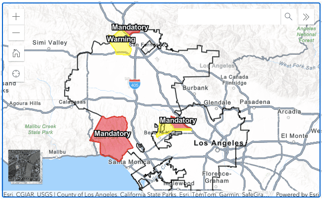 map of Los Angeles showing mandatory evacuation areas