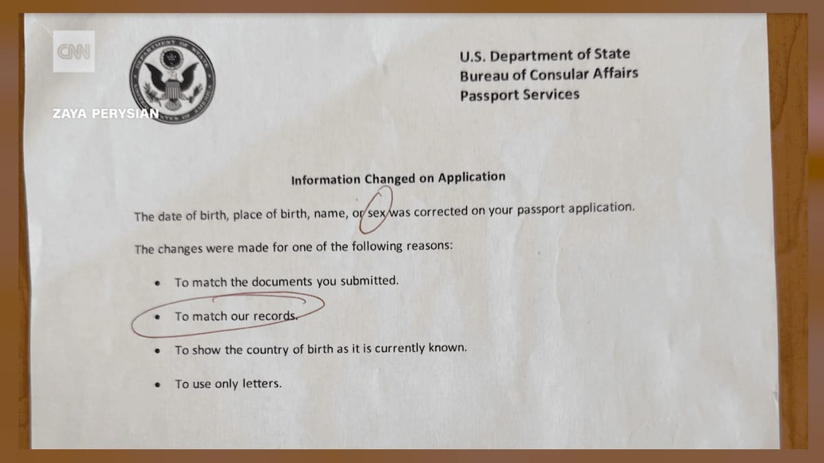 printed letter from State Dept: 'sex was corrected on your passport application'. Reason circled: 'To match our records'