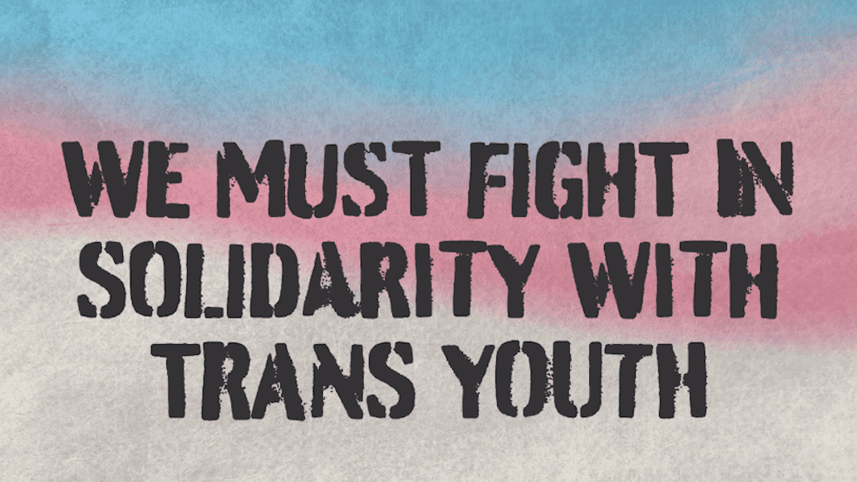 We must fight in solidarity with trans youth - text on a background with the trans pride colors