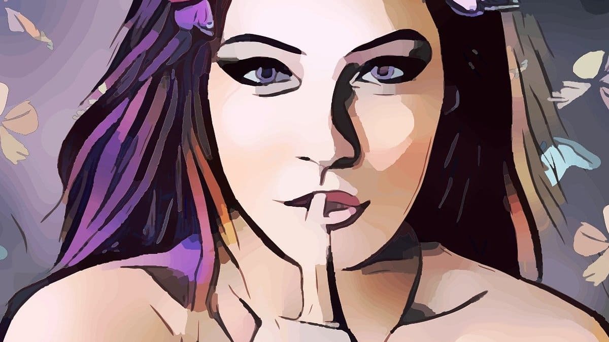 illustration of person with long purple hair and finger on lips