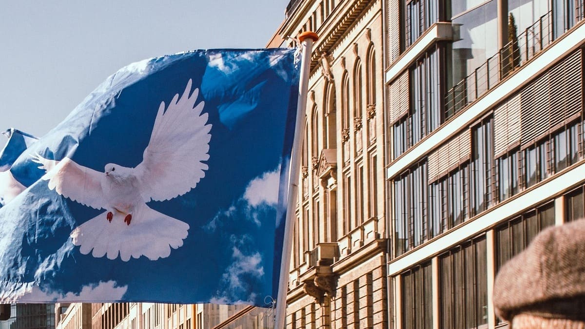 urban marchers hold a blue flag with a white dove