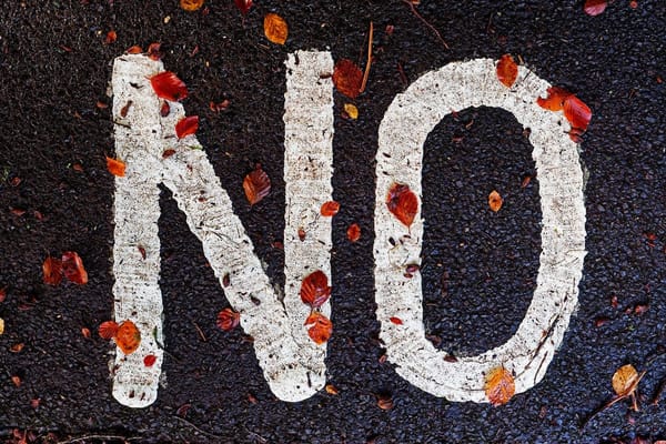 the word NO in white paint on a driveway, with red fallen leaves on top