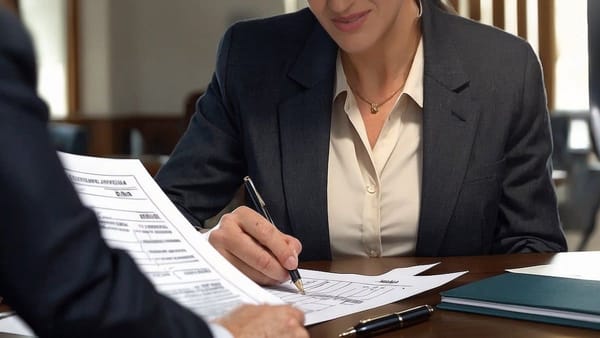 Person in business suit signs a document