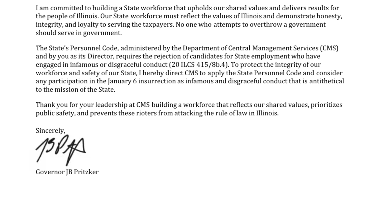 final 3 paragraphs of Pritzker's letter, plus signature, saying Jan 6 rioters aren't welcome to work for the State of Illin