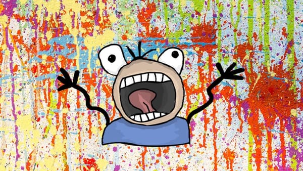 cartoon person is panicked, eyes bugged out, waving hands, against background of splotchy paint