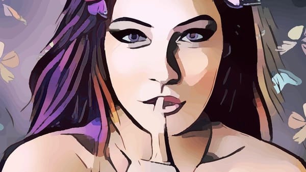 illustration of person with long purple hair and finger on lips