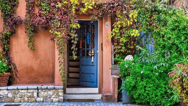 ivy-covered door is open