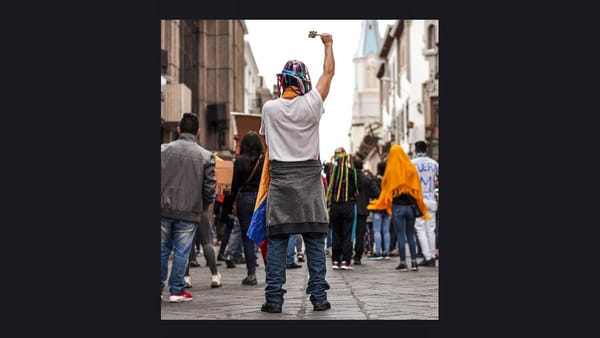 street protester in a colorful hat and blue jeans raises fist
