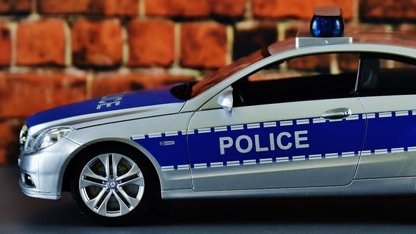 police car against brick wall