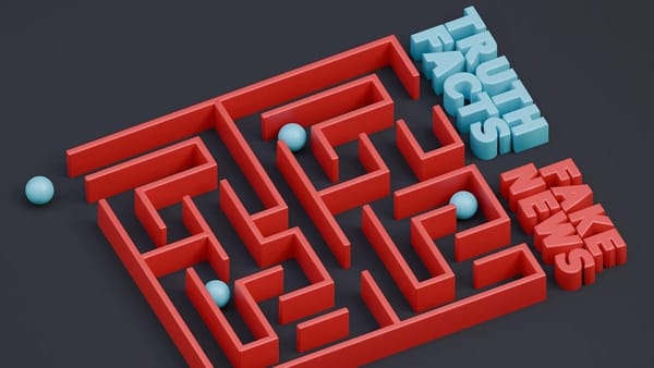 red maze with blue marbles. FAKE NEWS are words in red. TRUTH FACTS are words in blue.